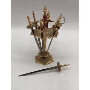 Vintage MCM Toledo Spain Brass Swords Cocktail Appetizer Skewers Picks Stand 6+1